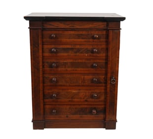 English Mahogany Miniature Wellington Cabinet, 6 Drawers with Locking Side Panel, 17 3/4"h x 13