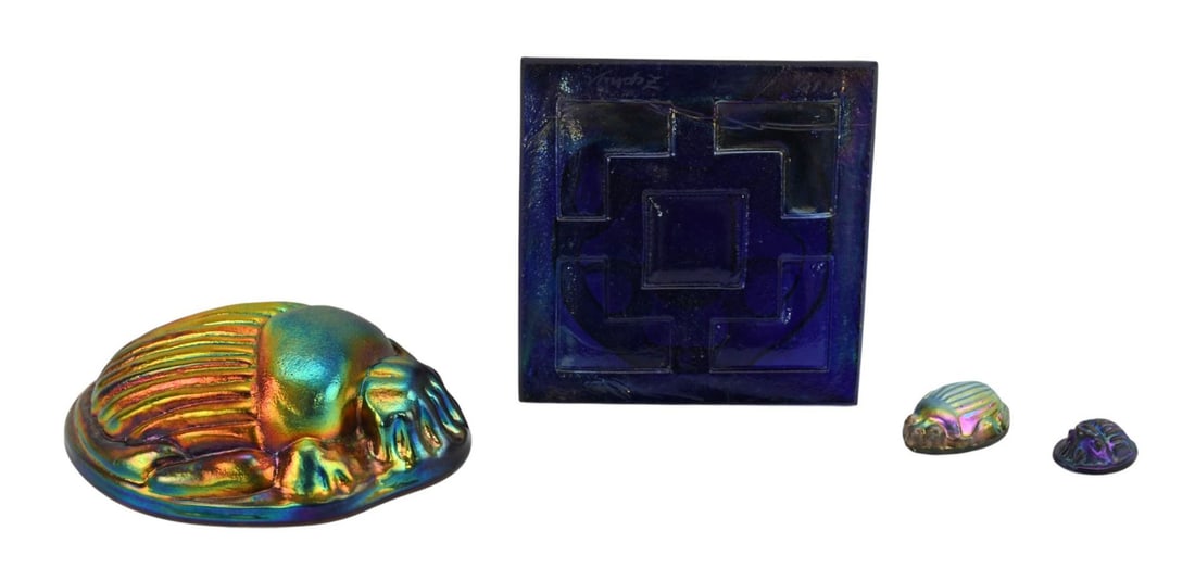 Group of Tiffany Style Iridescent Glass Scarabs & Tile - Comprising: A) Large Scarab, 4 1/2" L, (1 of 7)