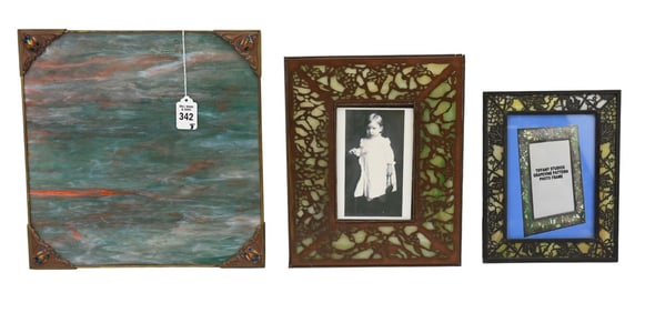 Grouping of 3 Leaded Glass Articles - Comprising: A) Grape Vine Picture Frame, 9 3/8" x 7 3/8". B)