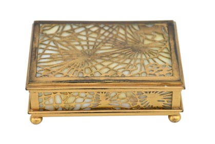 Tiffany Studios Cobweb Box - Gilt cobweb design border with amber/white leaded glasses. Marked: