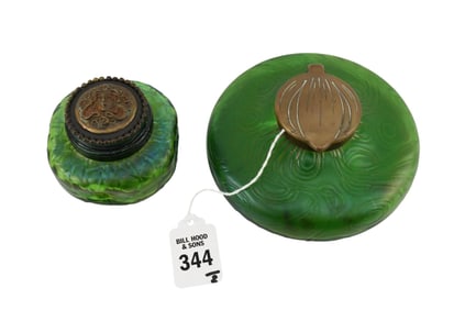 Two Art Nouveau Bohemian Iridescent Glass Inkwells - Austria, C. 1900. Loetz, Kralik. Both with