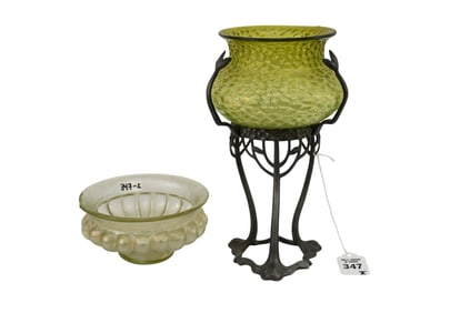 Loetz Art Nouveau Iridescent Glass Bowls, One on Stand - Austrian, c. 1900. Art Nouveau/Jugendstil.