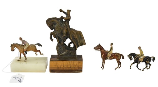 Grouping of Bronze Equestrian Figures - Comprising: A) A Continental Bronze of a Medieval Knight,