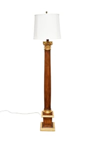 Thomas Morgan Carved Wood Floor Lamp, Classical Motif Reeded Column on Pedestal Base & Gilded Wood