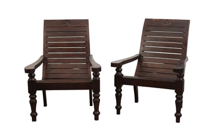Pair 20th C. Plantation Style Armchairs, Dark Stain Slatted wood, 39"h x 31"d x 30"w