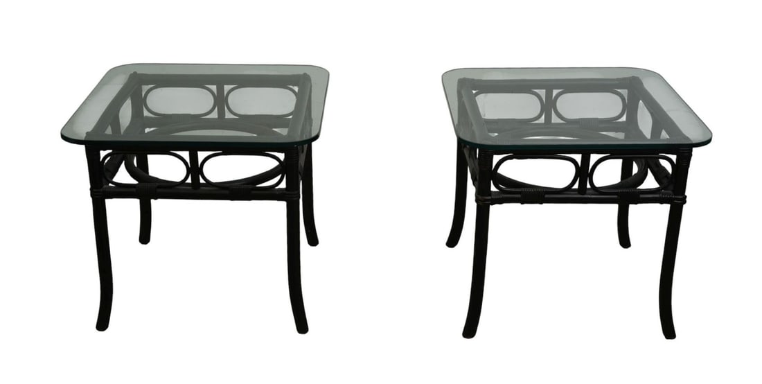 Pair Vintage Rattan Painted Black End Tables with Glass Tops, 22"h x 25"square Tops (1 of 4)