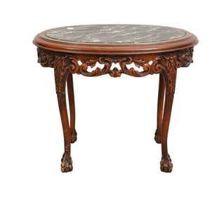 Oval Side Table With Carved Apron on Claw Feet, Black Marble Insert Top, 21"h x 25"w x 16"d