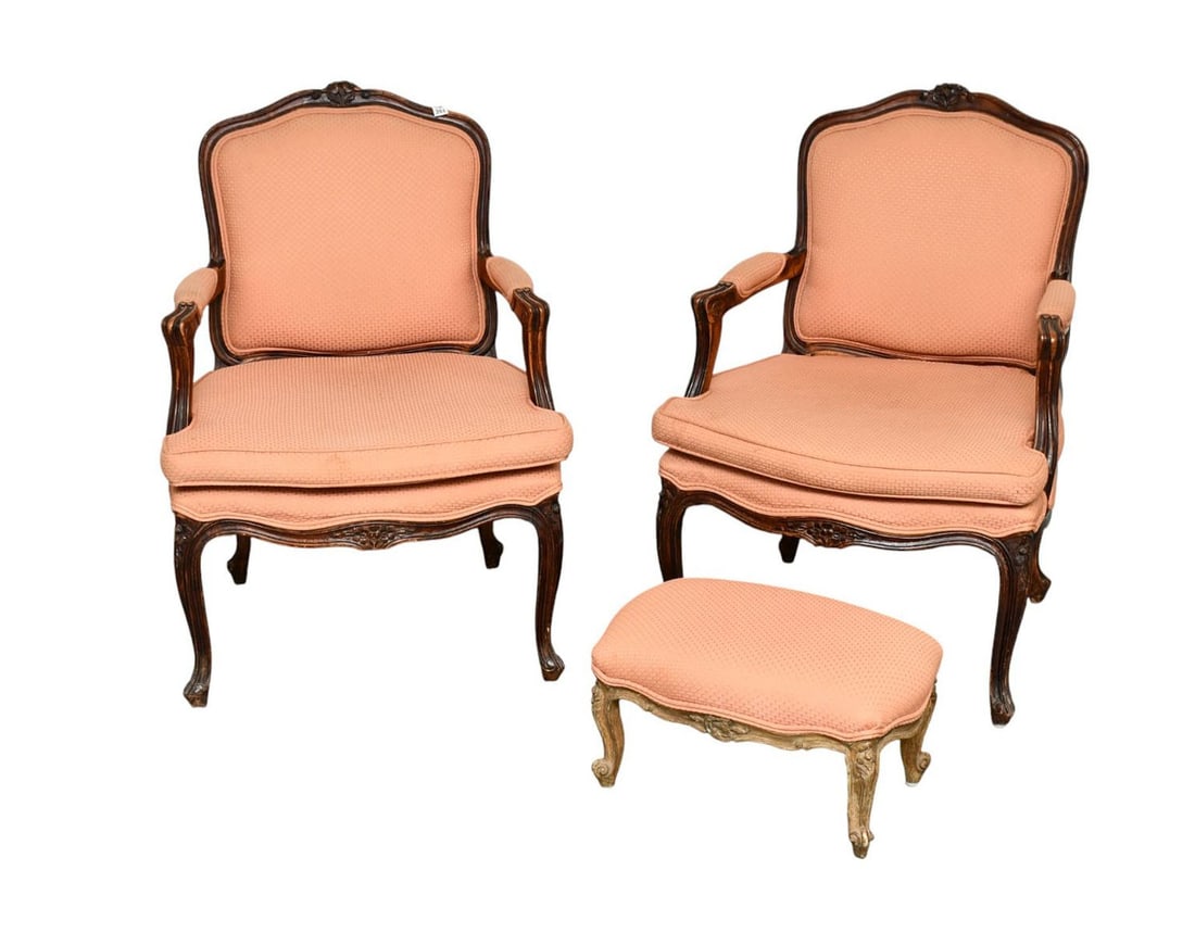 Pair French Provincial Armchairs & Footstool (wear  to frame, needs reupholstering) (1 of 4)