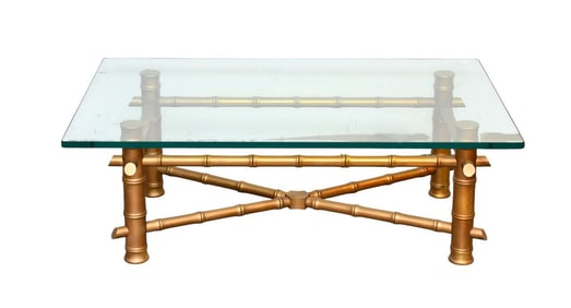 Bamboo Motif Coffee Table With X stretcher Base and Glass Top, 17"h x (30" x 48" Glass Top)