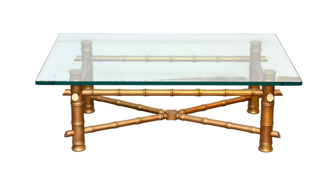 Bamboo Motif Coffee Table With X stretcher Base and Glass Top, 17"h x (30" x 48" Glass Top): Bamboo Motif Coffee Table With X stretcher Base and Glass Top, 17"h x (30" x 48" Glass Top)