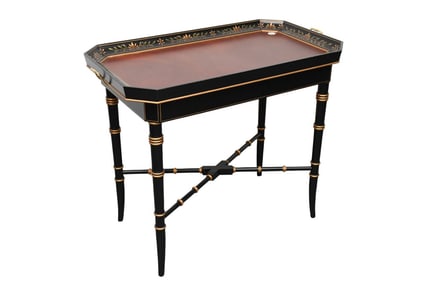 Kindel Varney & Sons 2 Pc. Tray Table, Black with Gilded Accents & Floral Design, 31"h x 37"w x 20"d