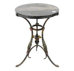 Metal Leaf Design Trifed Occasional Table with Faded Marble Top, 21"h x 14"w
