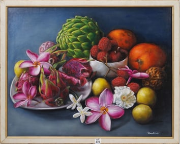 Mon Jones (20/21st Century) Oil on Canvas " Colorful Still Life Fruits" Signed Lower Right. Canvas