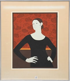 The Red Wall-1973 by Am. Artist Ardith Truhan, Lithograph- Modern portrait of a woman in a black