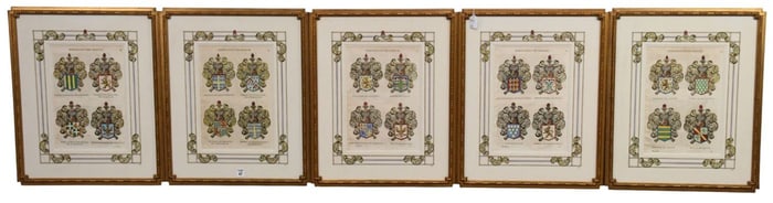 5 Pcs. 18th Century French colored Prints of old family Shields + Crests.  Each framed in hand