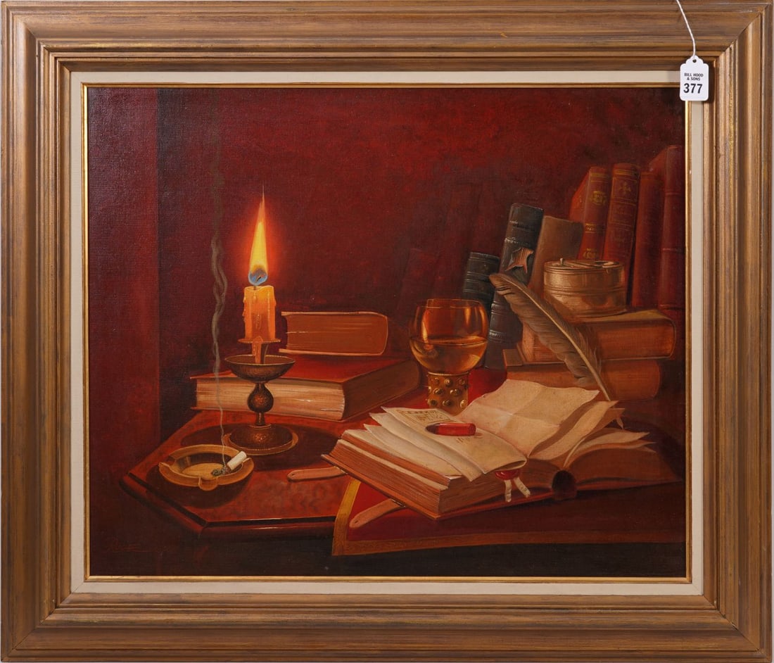 K. Ruge (European B. 1910.) Oil on canvas- Candlelight Still life Scene. Painting depicts a still: K. Ruge (European B. 1910.) Oil on canvas- Candlelight Still life Scene. Painting depicts a still life scene featuring a violin, books, sheet music, and a lit candle against a deep red background. can