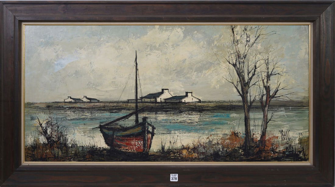 François Franc (1926-1989) Paris School Painting- oil on canvas, River Scene with sailboat and: François Franc (1926-1989) Paris School Painting- oil on canvas, River Scene with sailboat and houses on the shore. 19 x 39 inches. overall frame size 25 x 45 inches.