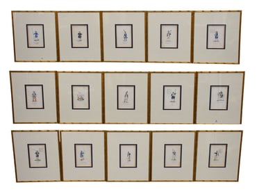 15pcs. Uniformed Soldiers Antique Colored Print set in Gilt Frames. sight size approximately 8 1/2 x