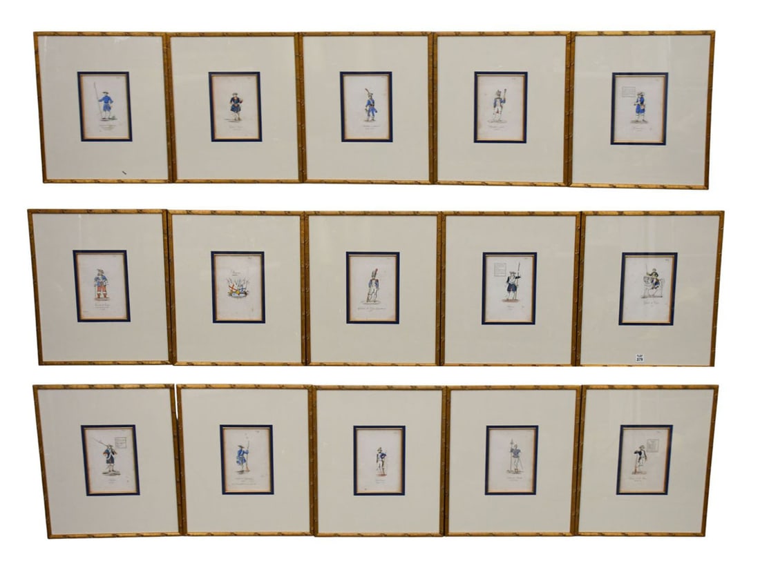 15pcs. Uniformed Soldiers Antique Colored Print set in Gilt Frames. sight size approximately 8 1/2 x: 15pcs. Uniformed Soldiers Antique Colored Print set in Gilt Frames. sight size approximately 8 1/2 x 5 1/2 inches. Overall frame size, approximately 20 x 17 inches.