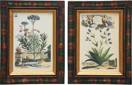 Pair decorative antique style colored prints with fancy painted frames overall frame size 19 x