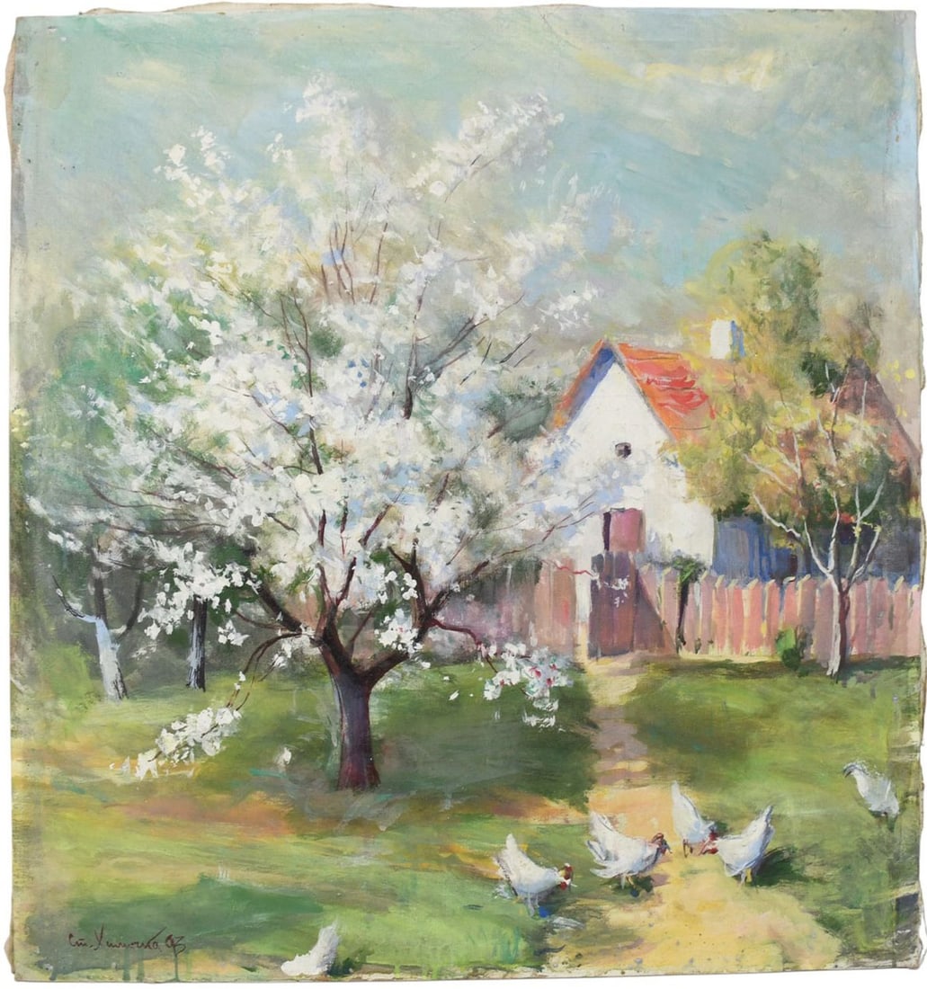 Contemporary Russian Painting, oil on canvas, summer cottage . slr, 34x31 inches. Signed and dated: Contemporary Russian Painting, oil on canvas, summer cottage . slr, 34x31 inches. Signed and dated 1993.