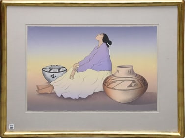 R.C. Gorman (Am. 1931–2005) Color lithograph on paper, woman beside decorated pottery vessels,