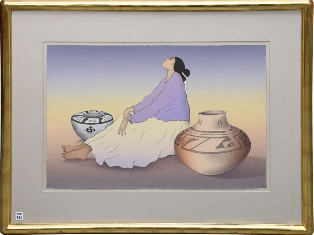 R.C. Gorman (Am. 1931–2005) Color lithograph on paper, woman beside decorated pottery vessels,: R.C. Gorman (Am. 1931–2005) Color lithograph on paper, woman beside decorated pottery vessels, rendered in soft pastel tones and flowing contours characteristic of Gorman’s work. sheet size 19 x 2