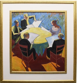 Large contemporary painting of a dinner party by  M. Jaggi.  Oil on board Painting 39 x 35 inches.