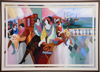Patricia Govezensky- Original Acrylic with Hand Painted Frame, Ladies at Café by Water, canvas size