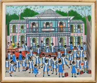 Jean Baptiste Jean (Haitian,1953-2002)  Haitian art oil painting on board, depicting  a school yard