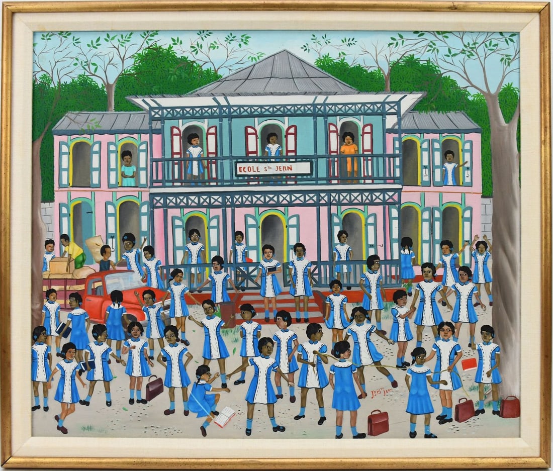 Jean Baptiste Jean (Haitian,1953-2002) Haitian art oil painting on board, depicting a school yard: Jean Baptiste Jean (Haitian,1953-2002) Haitian art oil painting on board, depicting a school yard Scene. Overall size 22 1/2" x 26" inches.