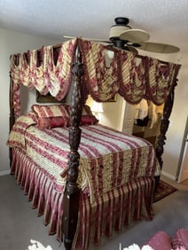 Antique 4 Poster Bed with Carved Acanthus Leaf, Canopy and Custom Bedding, Outside Dimensions 60"W x
