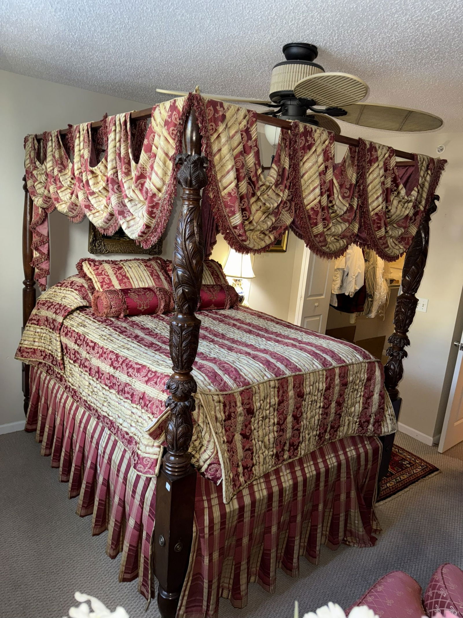 Antique 4 Poster Bed with Carved Acanthus Leaf, Canopy and Custom Bedding, Outside Dimensions 60"W x (1 of 7)