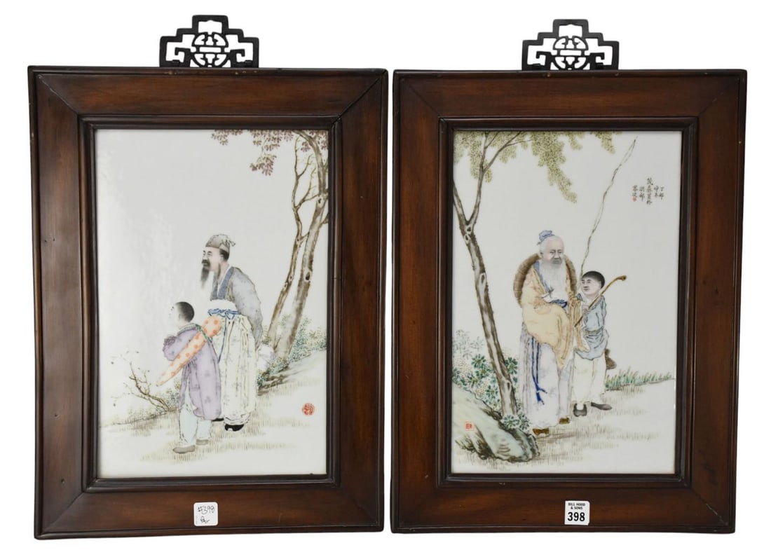 PR. Framed Chinese Porcelain Plaques. Father and Son Scenes. tile size 15 x 10 inches. Framed 20 x (1 of 7)