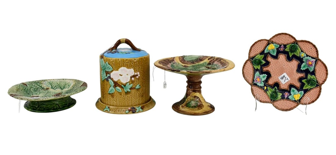 4 Pcs. Majolica Pottery, 3 Antique and 1 New, Cake Stand (5"H x 9"w), 2 Pc. Cheese Stand (9"h x: 4 Pcs. Majolica Pottery, 3 Antique and 1 New, Cake Stand (5"H x 9"w), 2 Pc. Cheese Stand (9"h x 6"w) And Pedestal Dish (2"h x 8 1/2"dia)