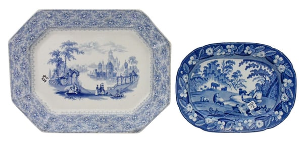 2 Blue & White Transferware Platters, English Garden Landscape (2"h x 20"w x 16"d) AND Shephard &