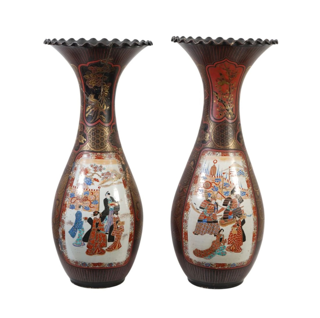 Pair Japanese Large Vases, Lacquered and Porcelain with Scalloped rim, 31"h x 12"dia (Huge Interior (1 of 16)