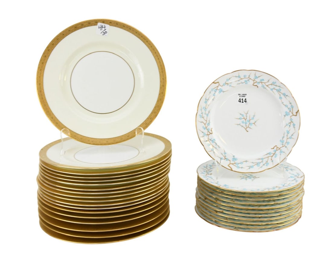 30 Minton Porcelain Plates, 18 Ivory with Gold Borders (10 5/8"dia) AND 12 White With Blue Dots/Gold: 30 Minton Porcelain Plates, 18 Ivory with Gold Borders (10 5/8"dia) AND 12 White With Blue Dots/Gold (8 3/4"dia, has some gold wear)