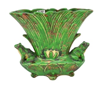 Vintage Weller Pottery Arts & Crafts "Coppertone" Vase with Double Frog, Early 20th C. Featuring a
