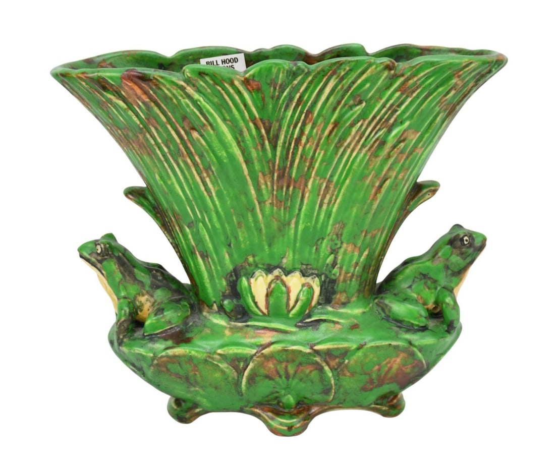 Vintage Weller Pottery Arts & Crafts "Coppertone" Vase with Double Frog, Early 20th C. Featuring a: Vintage Weller Pottery Arts & Crafts "Coppertone" Vase with Double Frog, Early 20th C. Featuring a Mottled Green & Brown Matte Glaze, 8" x 8"