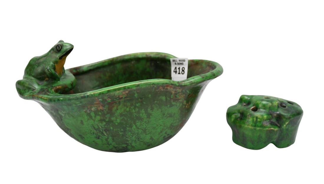 Vintage Weller Pottery Arts & Crafts "Coppertone" Vase with Frog & Flower, Early 20th C. Featuring a: Vintage Weller Pottery Arts & Crafts "Coppertone" Vase with Frog & Flower, Early 20th C. Featuring a Mottled Green & Brown Matte Glaze, 11"h x 8"