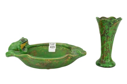 2 Vintage Weller Pottery Arts & Crafts "Coppertone" Bowl with Frog, Early 20th C. Featuring a