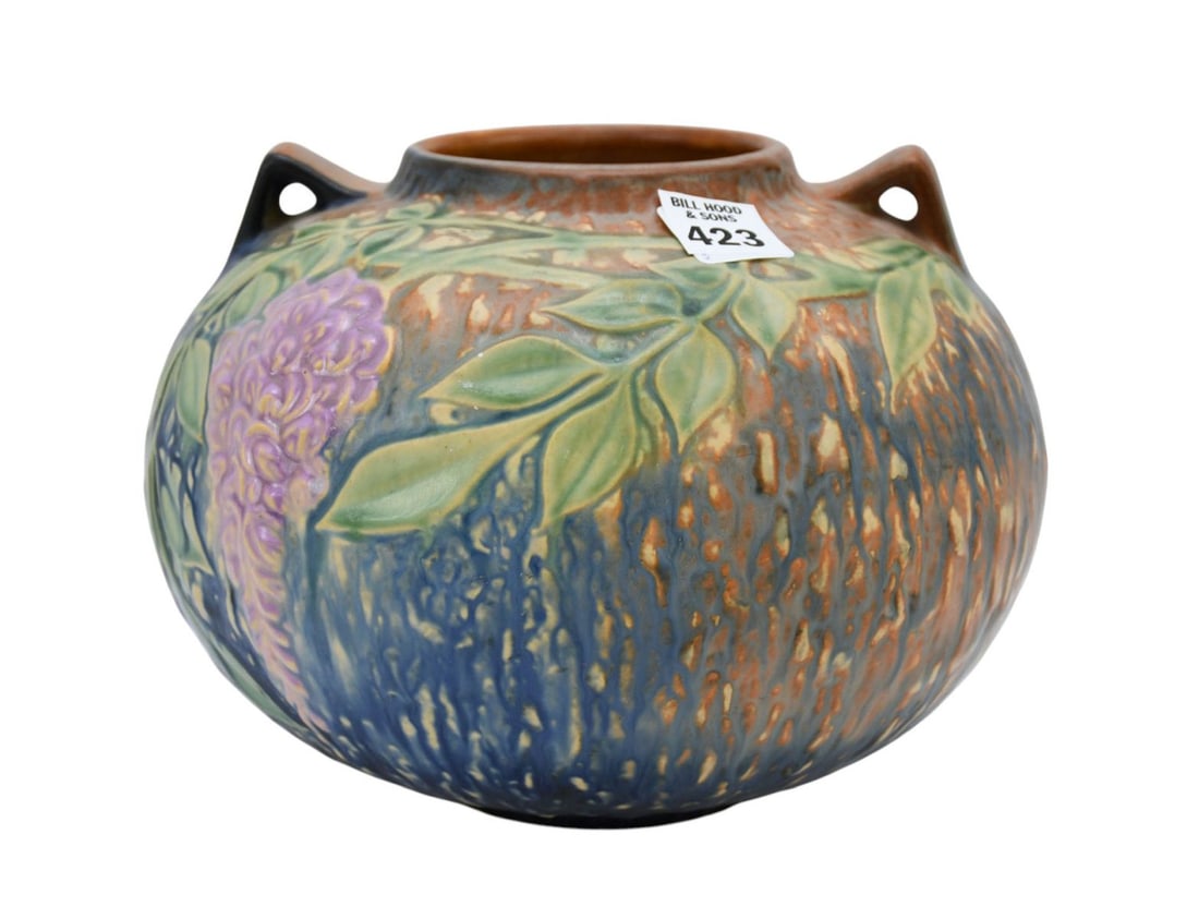 Vintage Roseville Wisteria Vase, 7"h (sticker): Vintage Roseville Wisteria Vase, 7"h x 8"(sticker)