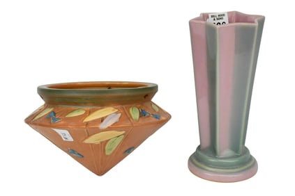 Vintage Roseville Deco Pink Vase, 8"h (hairline) AND Vintage Roseville Futura Hanging Basket (small