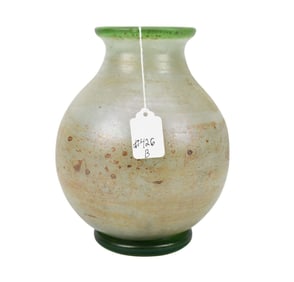 Loetz Signed Green Glass Vase - An art glass vase of green and milky mottled glass  with