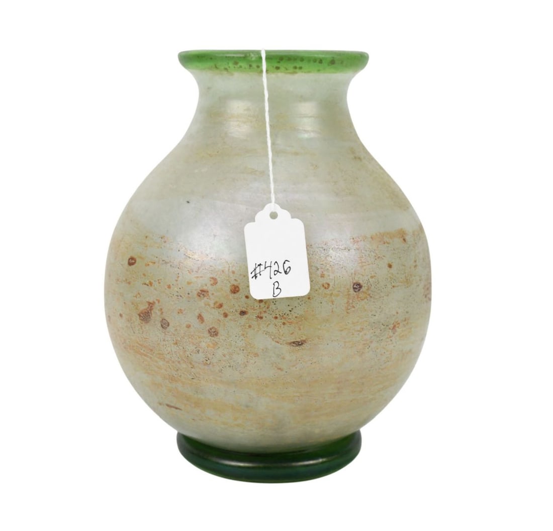 Loetz Signed Green Glass Vase - An art glass vase of green and milky mottled glass with: Loetz Signed Green Glass Vase - An art glass vase of green and milky mottled glass with iridescence. The surface with a similar visual appearance to ancient Roman Glass. The thick walled glass vase ha