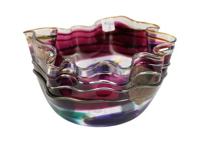 Scott & Laura Curry Art Glass Centerpiece Bowl - A large art glass bowl in magenta, purple, teal and