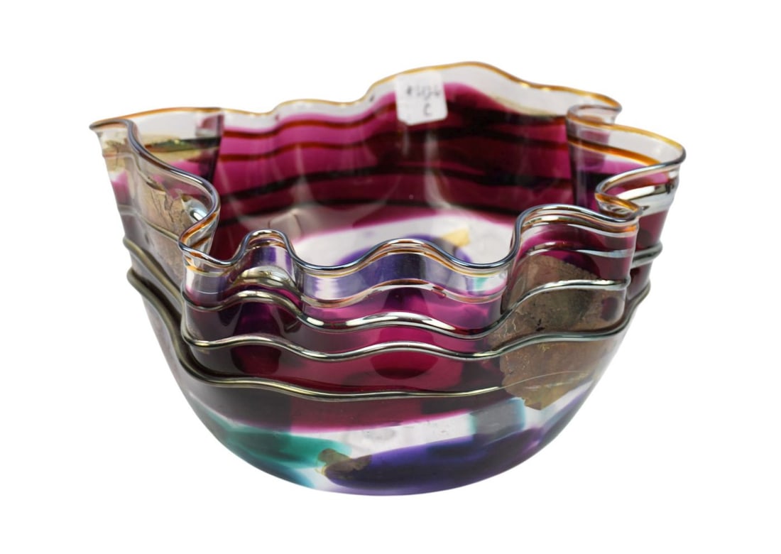 Scott & Laura Curry Art Glass Centerpiece Bowl - A large art glass bowl in magenta, purple, teal and (1 of 6)