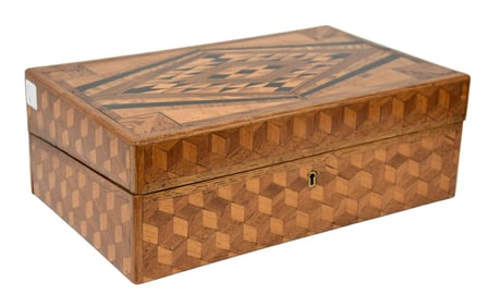 Antique British Colonial Lap Desk / writing box. Parquetry inlay in various woods. Ca. 1880. 5-1/4h