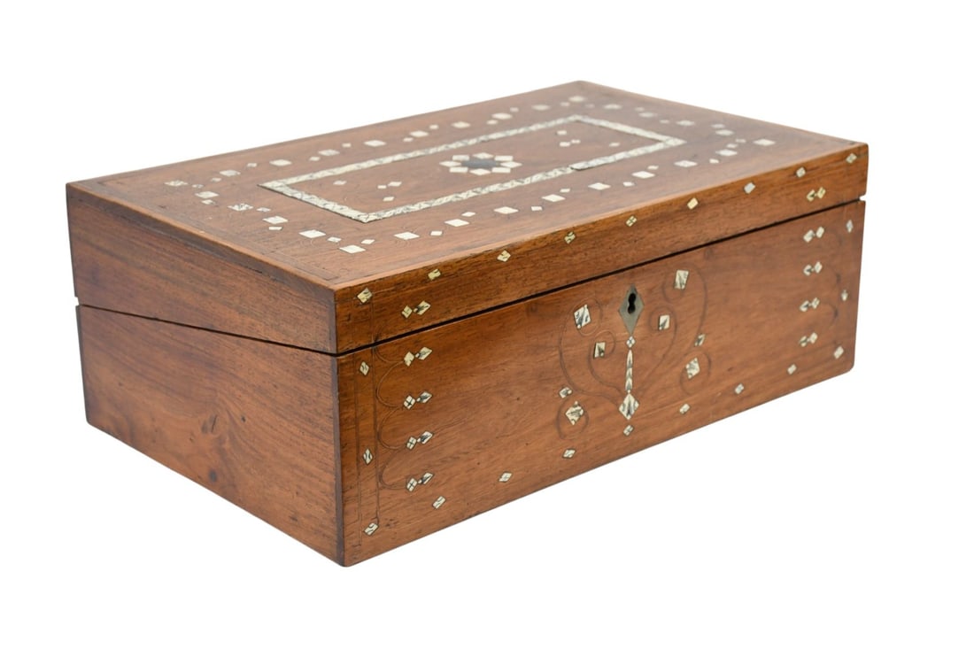 Antique British Colonial Lap Desk / writing box. Mahogany inlay with bone. Ca. 1880. 5-1/4h x 15w x: Antique British Colonial Lap Desk / writing box. Mahogany inlay with bone. Ca. 1880. 5-1/4h x 15w x 9-1/2d inches.